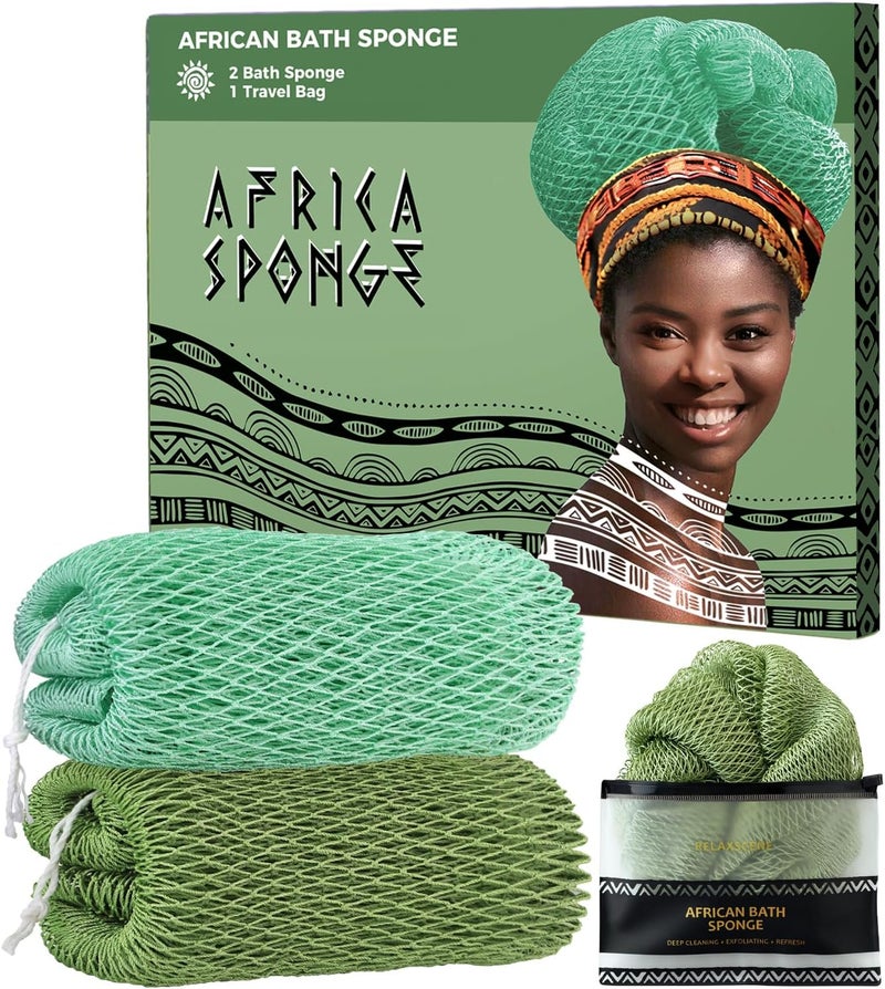 RelaxScene African Net Sponge Authentic - 2 Pieces Exfoliating Body Scrubber Bath Sponge OliveGreen&Seawave - Washcloth Back Scrub for Shower Body Exfoliator - Face & Skin Care Bathroom Essentials for Women - Image 1